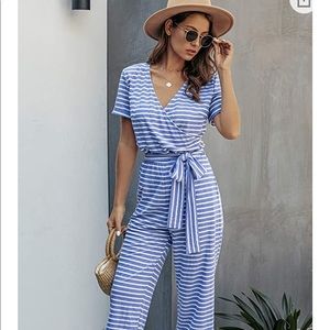V neck striped jumpsuit